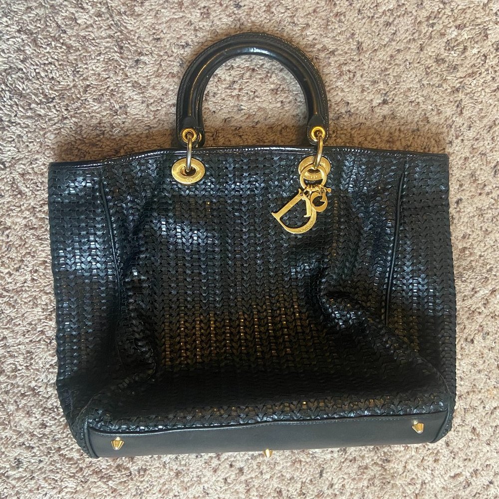 Christian Dior Black Woven Leather Soft Lady Dior Tote Bag